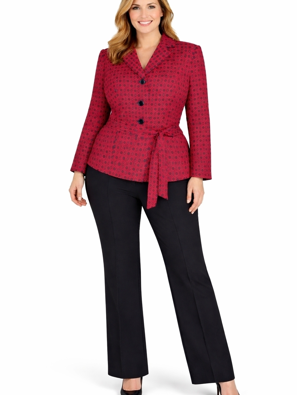 Le Suit Pant Suit Size 14P Red Black Blazer Solid Black Pleated Pants Belt Lined